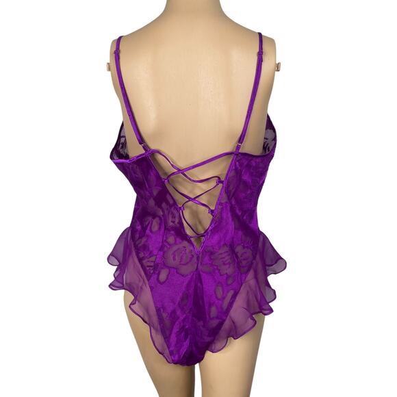 Vtg Victoria's Secret Gold Label Purple Ruffle Lace Up Teddy Bodysuit SZ M - Picture 8 of 8